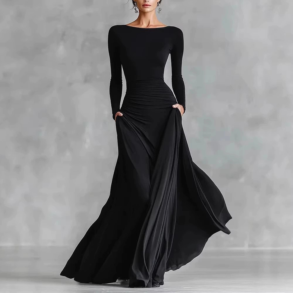 ZARA Womens Elegant Solid Color Boat Neck Irregular Slimming Dress Spring Autumn